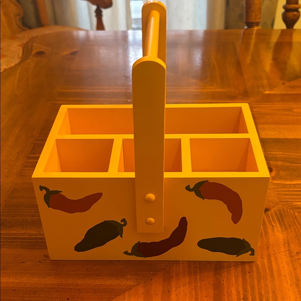 Yellow Wooden Silver wear caddy with Chili Pepper Design